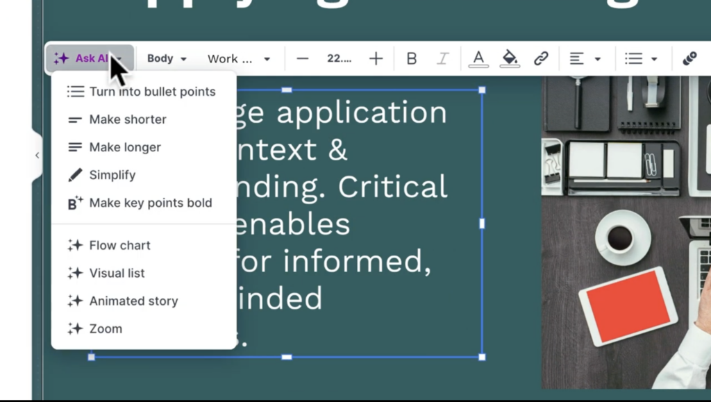 A look at the "Ask AI" text enhancements feature in Prezi AI 